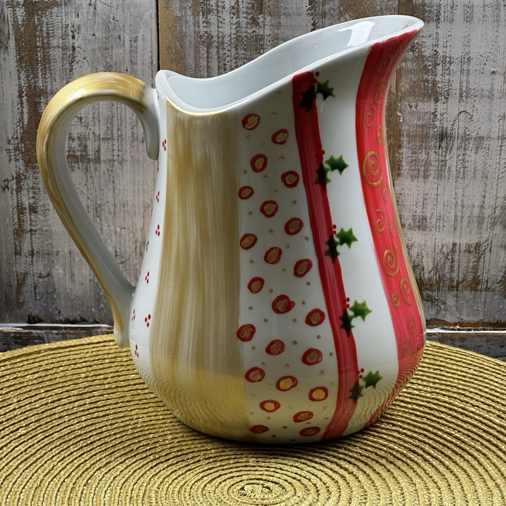Ceramic Colorful Pitcher, Hand painted,‎ Signed, Red Gold Green, Christmas